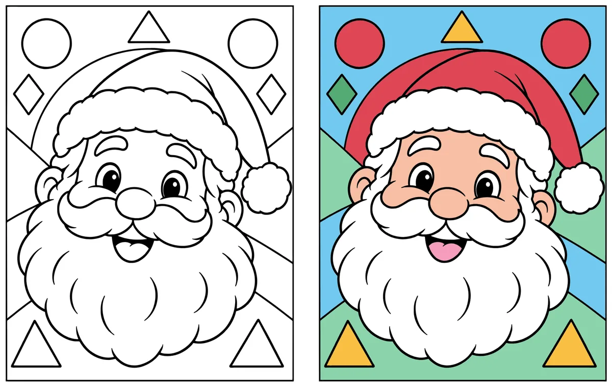 Big Santa Face coloring page: the blank line art next to a colored version
