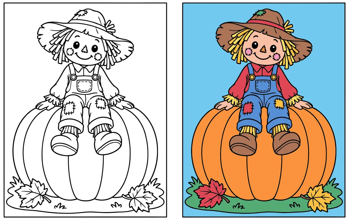 Scarecrow on a Giant Pumpkin coloring page: the blank line art next to a colored version