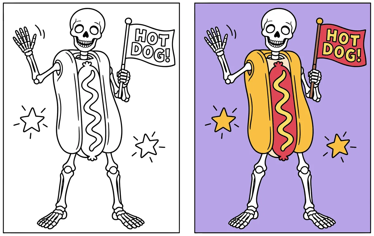 Hot Dog Skeleton coloring page: the blank line art next to a colored version