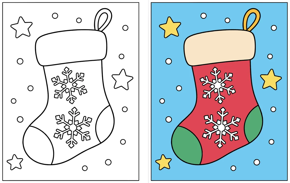Snowflake Stocking coloring page: the blank line art next to a colored version