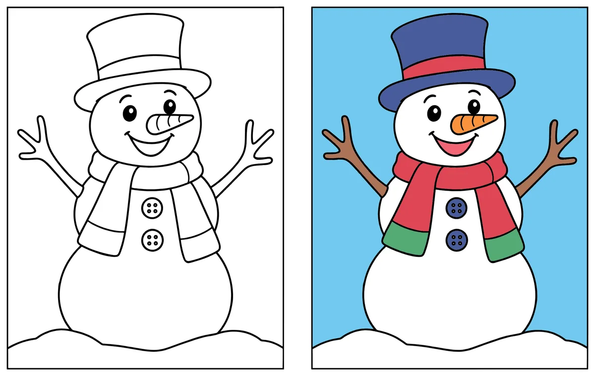 Classic Snowman coloring page: the blank line art next to a colored version