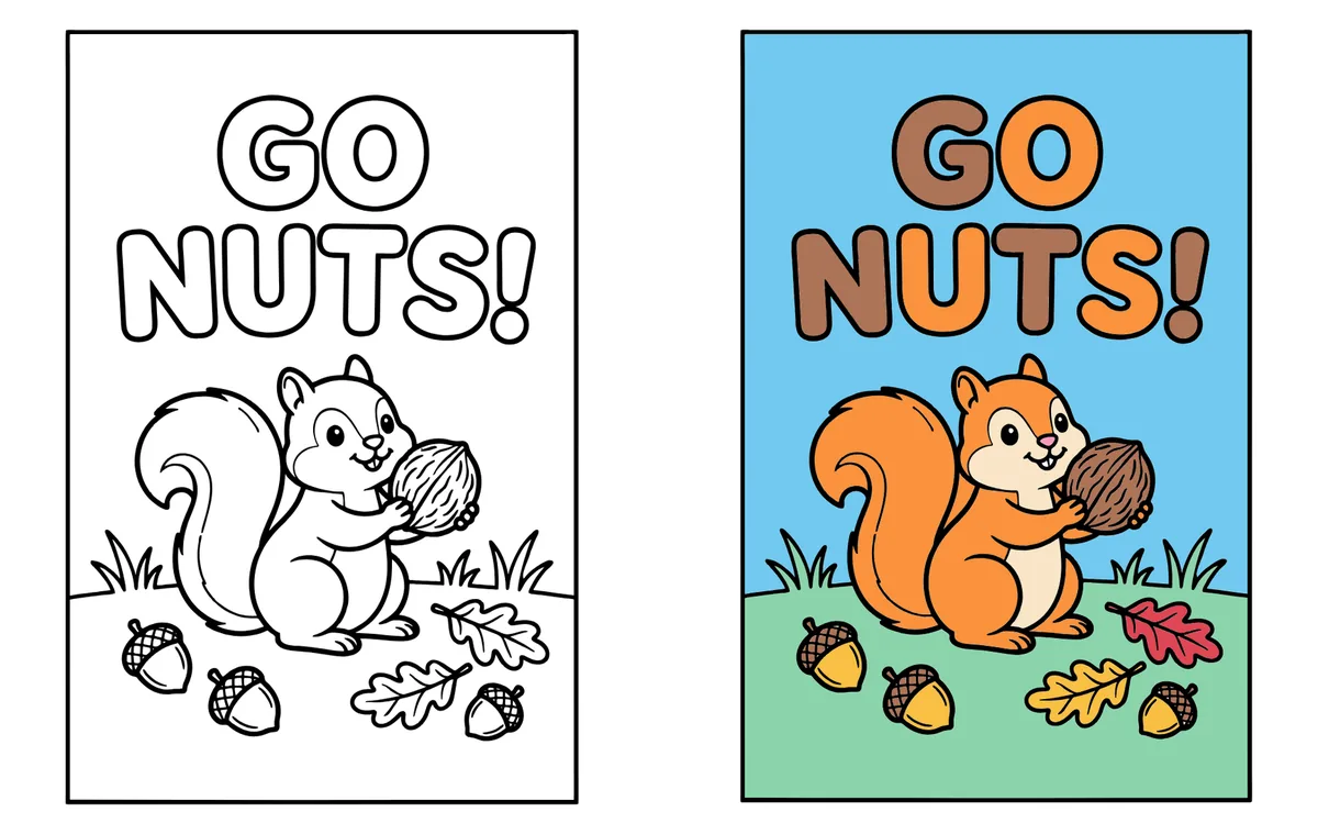 Go Nuts coloring page: the blank line art next to a colored version