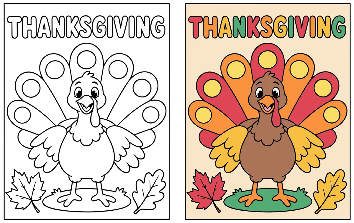 Thanksgiving Turkey coloring page: the blank line art next to a colored version