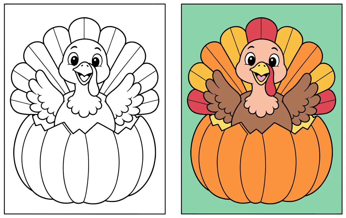 Turkey in a Pumpkin coloring page: the blank line art next to a colored version