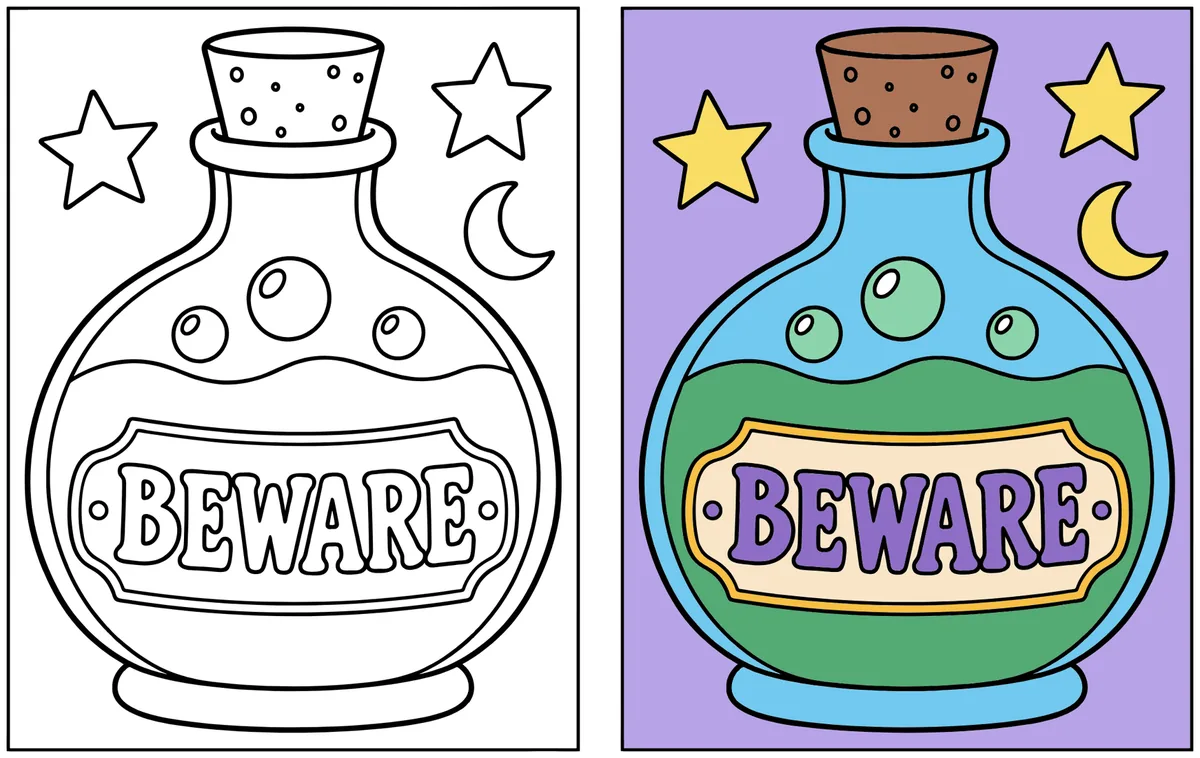 Beware Potion Bottle coloring page: the blank line art next to a colored version