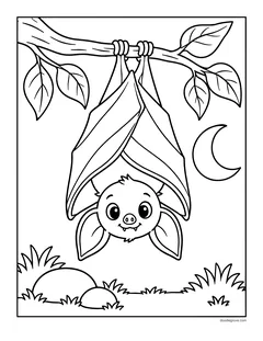 A bat hanging upside down from a leafy branch with its wings wrapped around it like a cloak, a crescent moon, rocks and grass