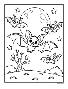 Four smiling bats flying around a full moon, with a bare tree, stars and grassy hills