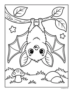 A bat hanging upside down from a leafy branch with its wings spread open, a spotted mushroom, stars and grass