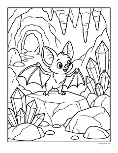 A bat standing on a rock in a cave with big crystals, stalactites and a tunnel in the back