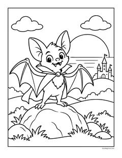 A bat in a vampire cape standing on a rock with its wings spread, a castle on a hill, clouds and the sun