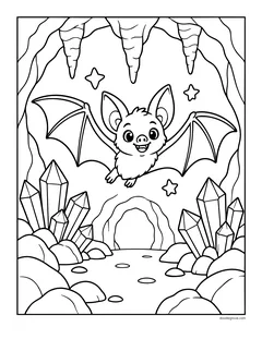 A bat flying through a cave with stalactites, crystal clusters, rocks and stars