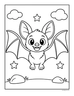 A round, smiling bat with big ears and wide open wings, with stars and clouds around it