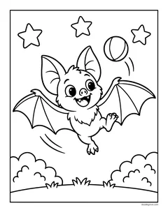 A happy bat flying with open wings and bouncing a ball, with stars and bushes