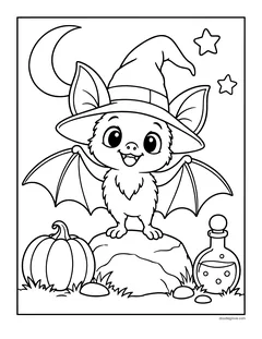 A bat in a witch hat standing on a rock next to a pumpkin and a potion bottle, with a crescent moon and stars