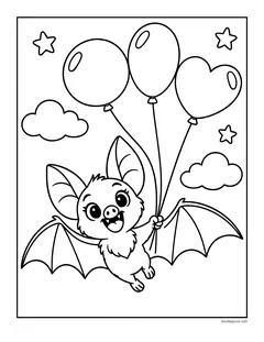 A bat flying while holding three balloons, one shaped like a heart, with clouds and stars
