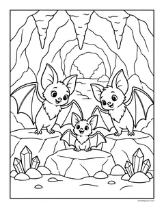 Three bats sitting together on a rock inside a cave with stalactites and crystals