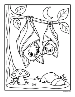 Two bats hanging upside down side by side from a leafy branch, with a crescent moon, a spotted mushroom and rocks
