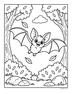A bat flying between two leafy trees with falling leaves and bushes