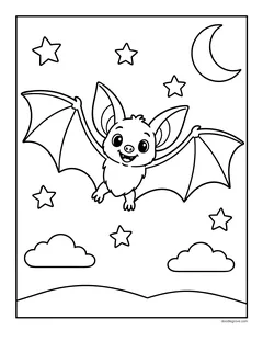 A bat flying with wide open wings among stars, a crescent moon, clouds and rolling hills