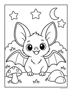 A fluffy baby bat with huge ears sitting on the ground next to a spotted mushroom and a rock, with a crescent moon and stars