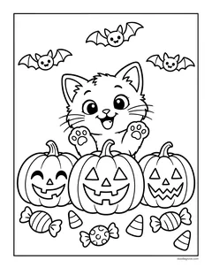 A kitten waving from behind three jack-o'-lanterns, with candy, candy corn and three bats