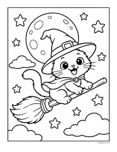 A kitten in a witch hat and a cape flying on a broomstick in front of a full moon, with clouds and stars