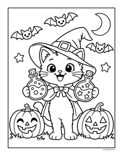 A kitten in a witch hat and a cape holding two potion bottles between two jack-o'-lanterns, with bats, a crescent moon and stars