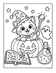 A kitten in a wizard hat holding a magic staff inside a jack-o'-lantern, with an open spell book, a potion bottle and a ghost