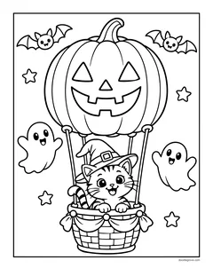 A kitten in a witch hat riding in the basket of a jack-o'-lantern hot air balloon, with ghosts, bats and stars