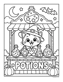 A kitten in a witch hat behind a stand with a POTIONS sign, potion bottles, a big bottle on the roof, pumpkins, a bat and a crescent moon