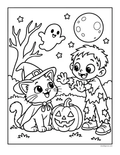 A kitten in a witch hat and a cape sitting by a jack-o'-lantern next to a boy in a zombie costume, with a ghost, a bare tree and a full moon