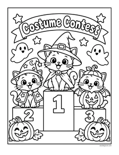 Three kittens in costumes on a winners podium numbered 1, 2 and 3 under a Costume Contest banner, with ghosts, jack-o'-lanterns and stars