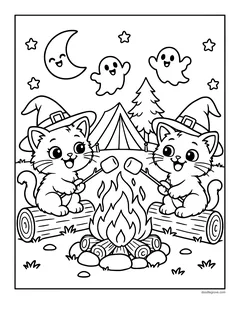 Two kittens in witch hats roasting marshmallows over a campfire, with logs, a tent, a pine tree, ghosts and a smiling moon