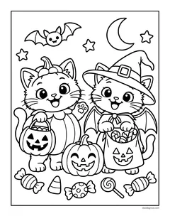 Two kittens in costumes, one with a pumpkin hat and one in a witch hat with bat wings, holding candy bags, with jack-o'-lanterns, candy, bats and a crescent moon