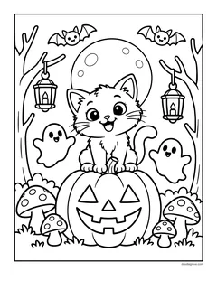 A kitten sitting on a big jack-o'-lantern in a forest under a full moon, with hanging lanterns, ghosts, spotted mushrooms and bats