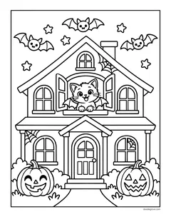 A kitten with bat wings waving from the upstairs window of a house, with jack-o'-lanterns, spider webs and bats