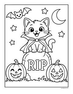 A kitten in a vampire cape sitting on a gravestone marked RIP between two jack-o'-lanterns, with a bat, a crescent moon and stars