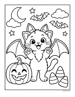 A kitten wearing bat wings and waving next to a jack-o'-lantern and candy corn, with bats, a crescent moon and clouds
