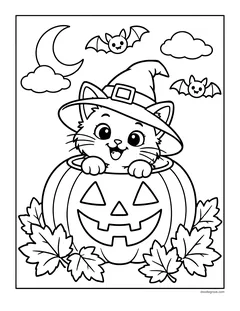 A kitten in a witch hat peeking out of a jack-o'-lantern among autumn leaves, with bats, a crescent moon and clouds
