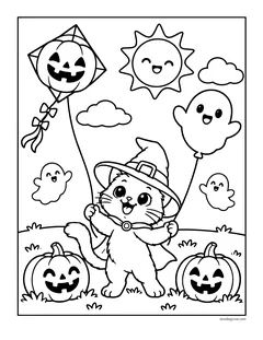 A kitten in a witch hat flying a jack-o'-lantern kite and holding a ghost balloon, with a smiling sun, clouds and two jack-o'-lanterns
