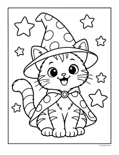 A striped cat in a polka dot witch hat and a polka dot cape, with stars around it