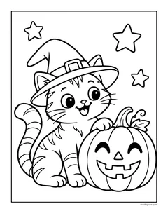 A striped cat in a witch hat resting its paw on a smiling jack-o'-lantern, with stars