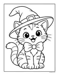 A striped kitten sitting in a big witch hat and a bow tie