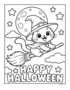A kitten in a witch hat flying on a broomstick past a full moon, with the words Happy Halloween, clouds and stars