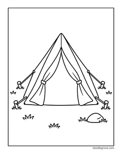 A camping tent with its door flaps tied open, held down by ropes and pegs, with grass and a stone