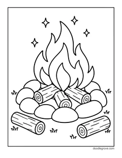 A campfire with tall flames on crossed logs inside a ring of stones, with two extra logs, grass and stars