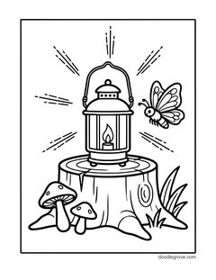 A glowing camping lantern on a tree stump, with a butterfly, mushrooms and grass