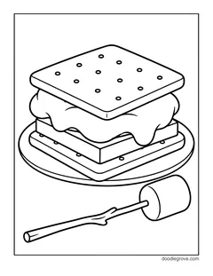 A s'more made of two graham crackers, chocolate and melted marshmallow on a plate, with a marshmallow on a stick