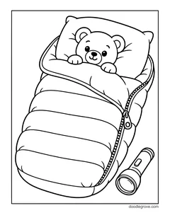 A teddy bear tucked into a zipped sleeping bag with a pillow, next to a flashlight