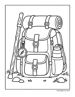 A hiking backpack with a rolled sleeping mat on top, a compass, a water bottle and a walking stick, on grass with stones
